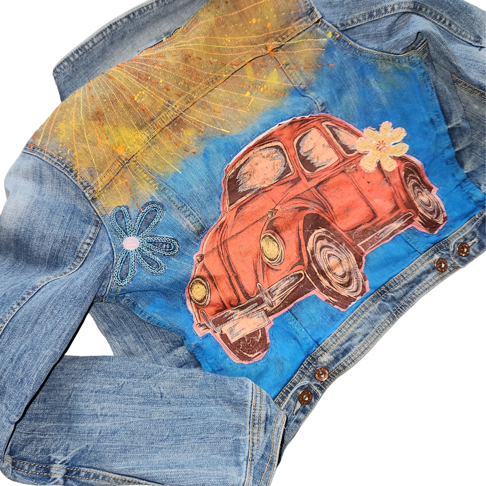 Artistic Blue Jean Jacket with Red Car Design